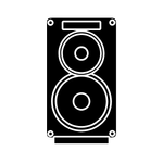White line drawing of a speaker or loudspeaker with two circular drivers on a rectangular box