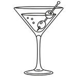 A martini glass filled with a clear liquid, garnished with an olive on a toothpick.
