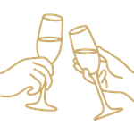 Two hands holding wine glasses with a wine bottle in the background