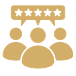 Group of five people with a speech bubble showing five stars above them