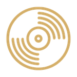 Gold-colored vinyl record icon with concentric circles and stylized grooves.