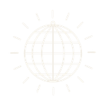 Icon of a globe with a grid pattern, surrounded by rays indicating light or energy