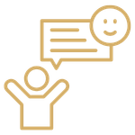 Gold outline of a hand holding a speech bubble with a smiling face