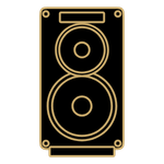 Black speaker cabinet with gold trim and two circular speaker cones