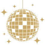 Disco ball with small squares and stars surrounding it