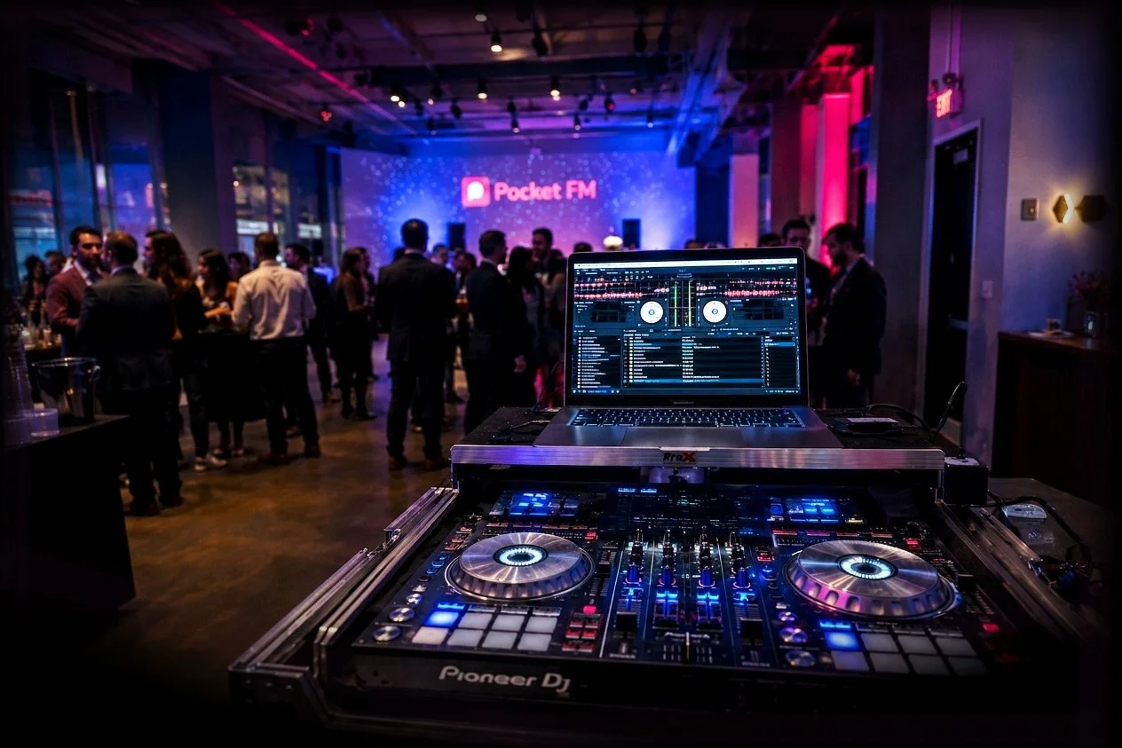 Groove Approved DJ booth at a Pocket FM corporate event featuring professional DJ equipment, sound, and event production.