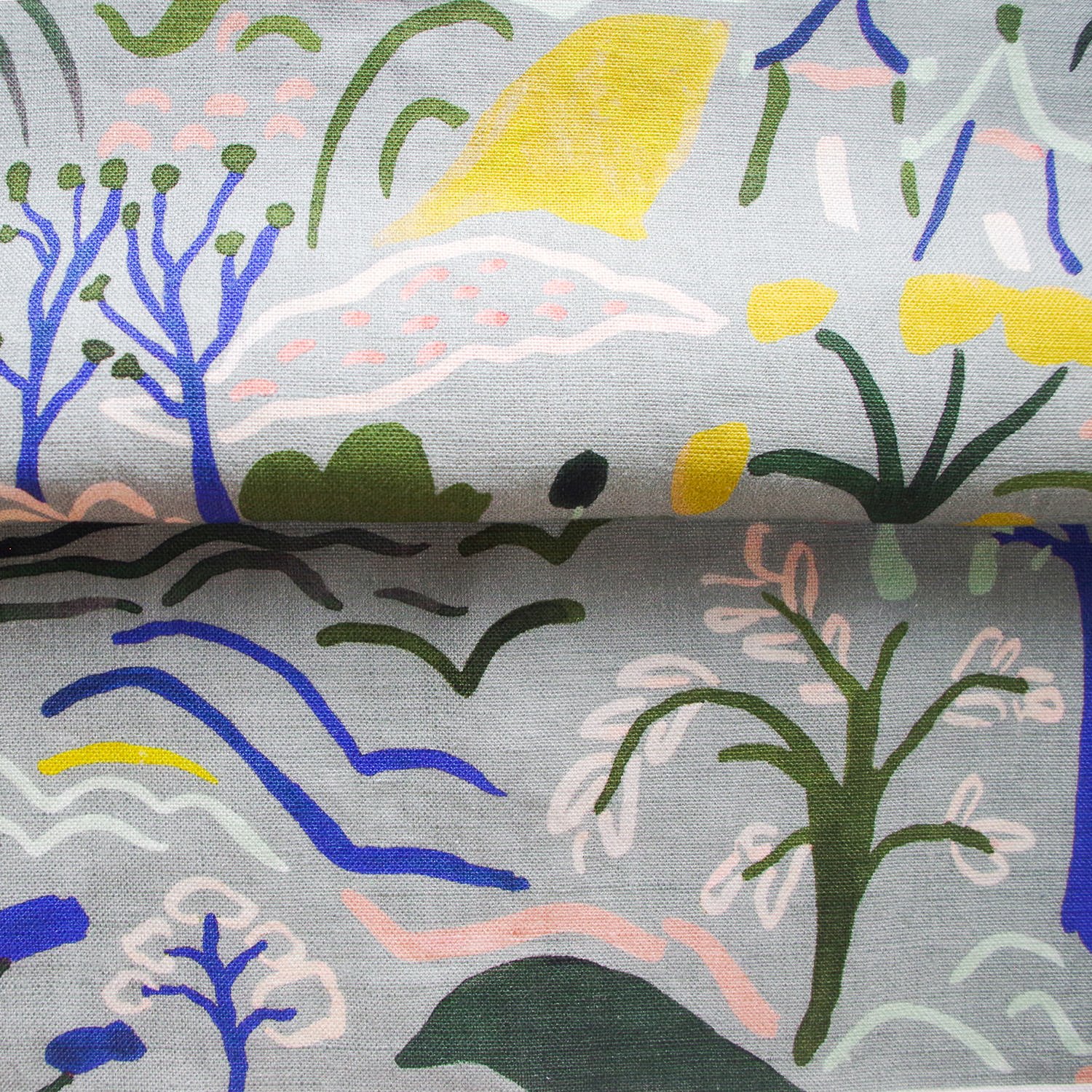 Forest and hills landscape hand painted printed Blue yellow patterned fabric