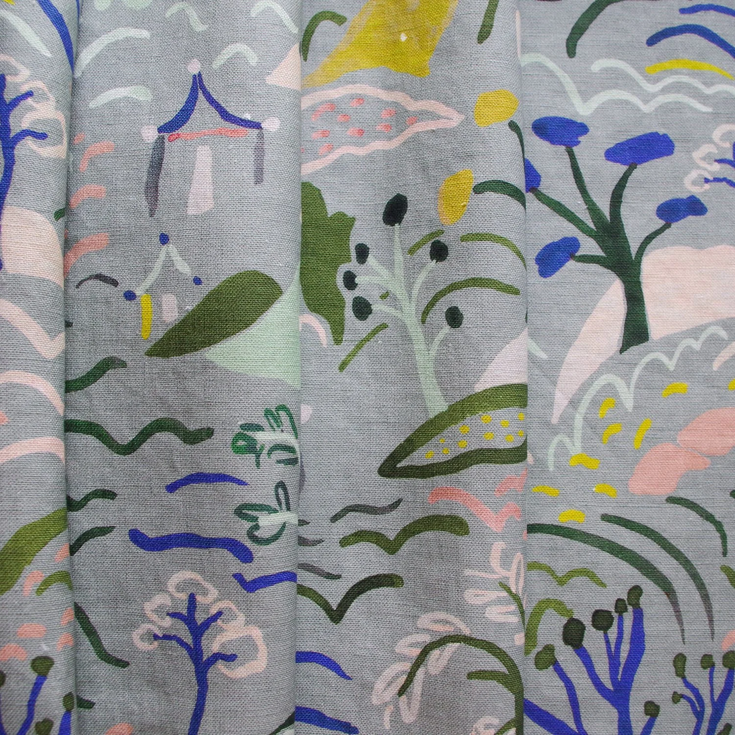 Forest and hills landscape hand painted printed Blue yellow patterned fabric
