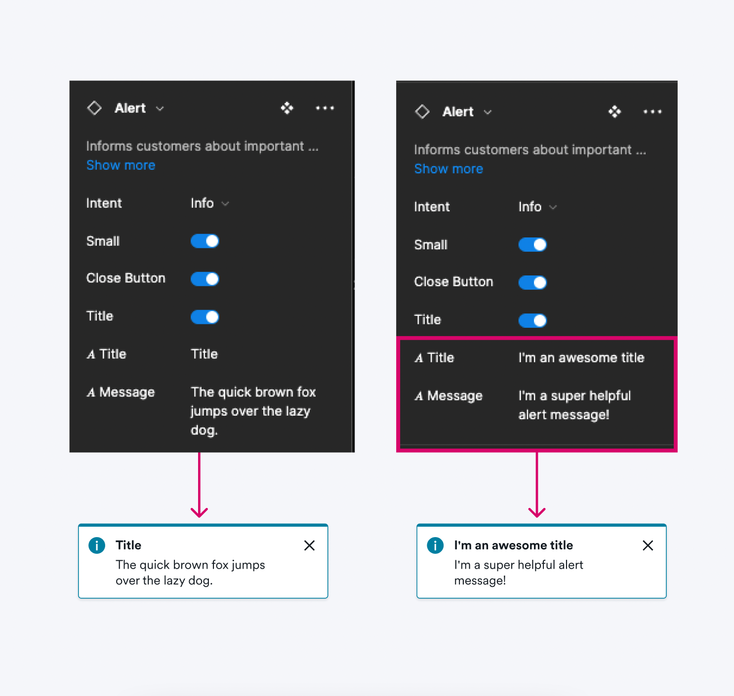 Screenshot of Figma component properties for an alert