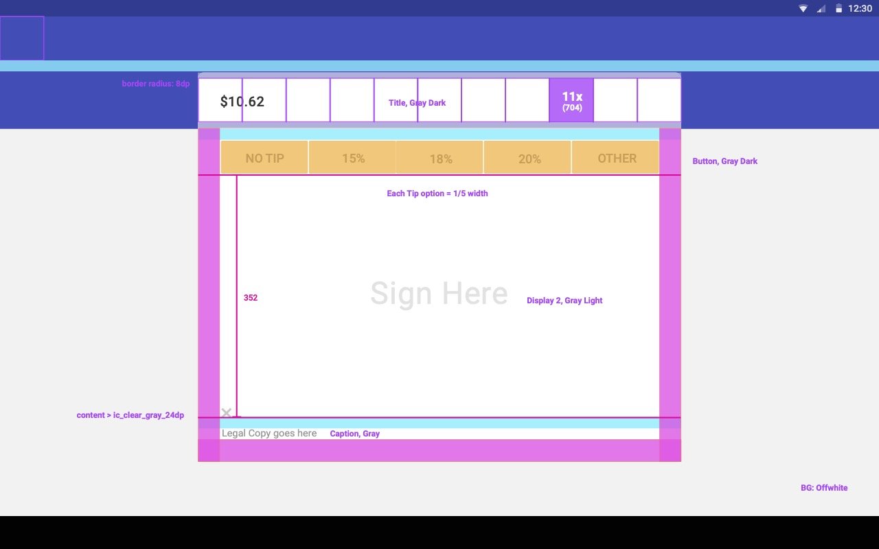 Screenshot of a tablet app annotated mockup