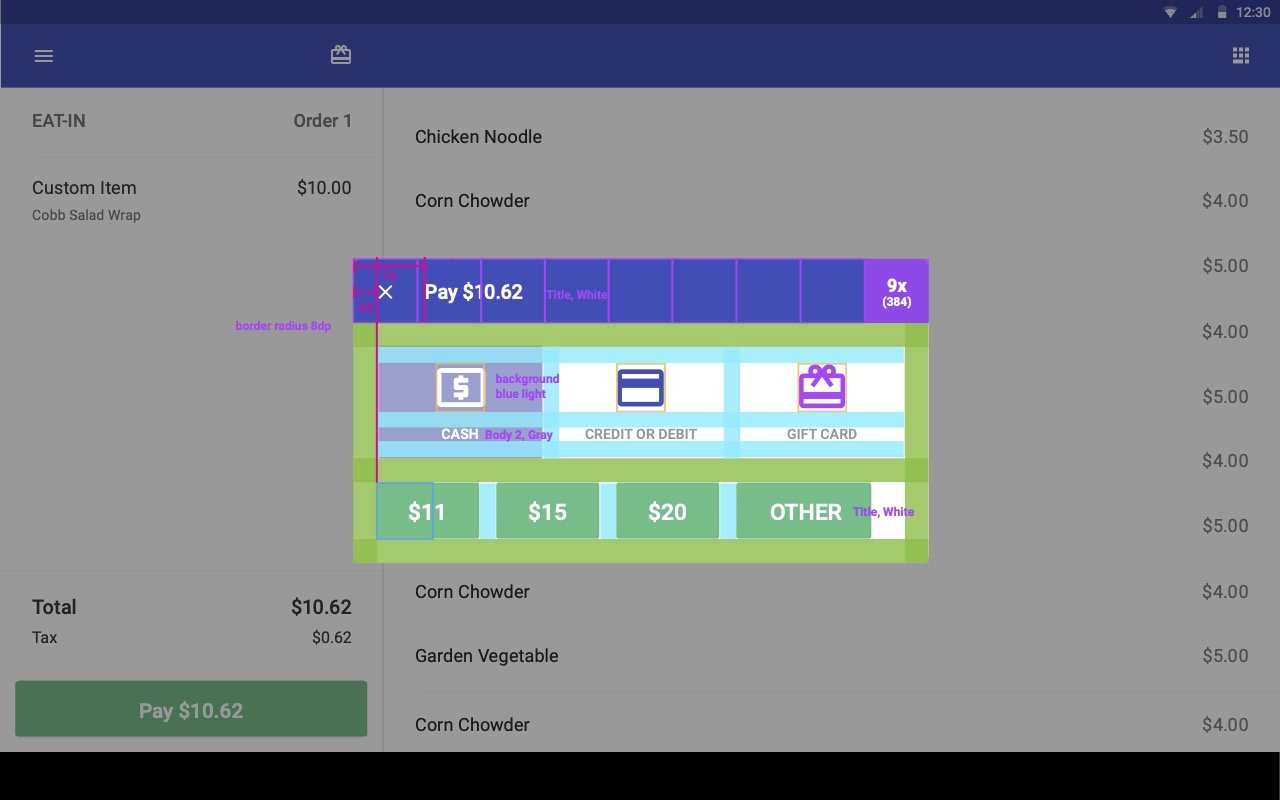 Screenshot of a tablet app annotated mockup