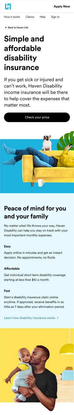 Screenshot of the mobile version of the Haven Disability marketing site