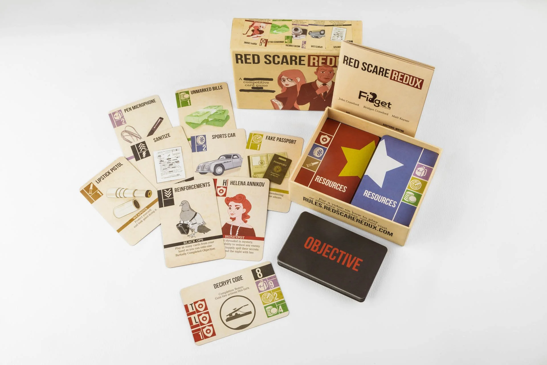 Photograph of the game pieces and cards of Red Scare Redux