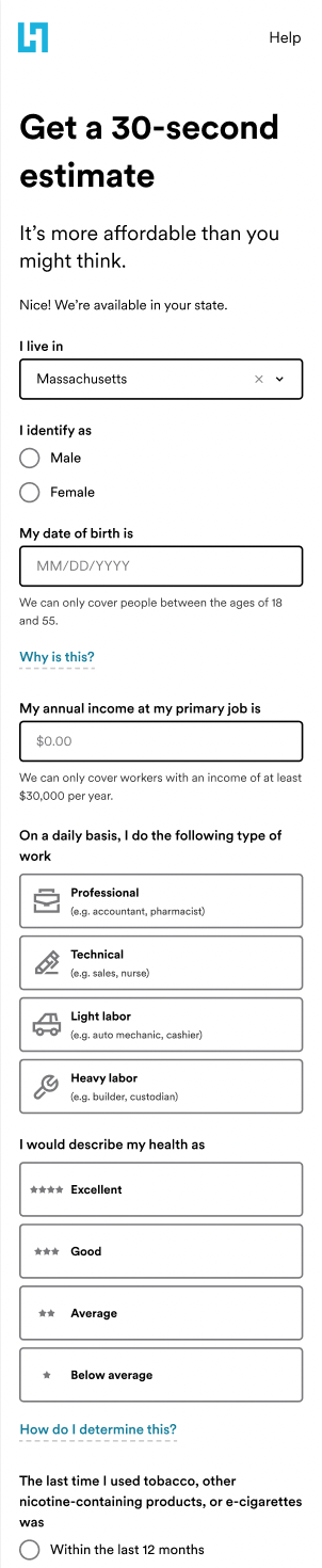 Screenshot of the mobile version of the Haven Disability quote page