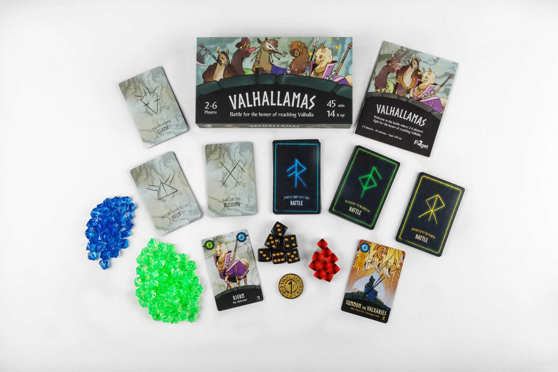 Photograph of the game pieces and cards of Valhallamas