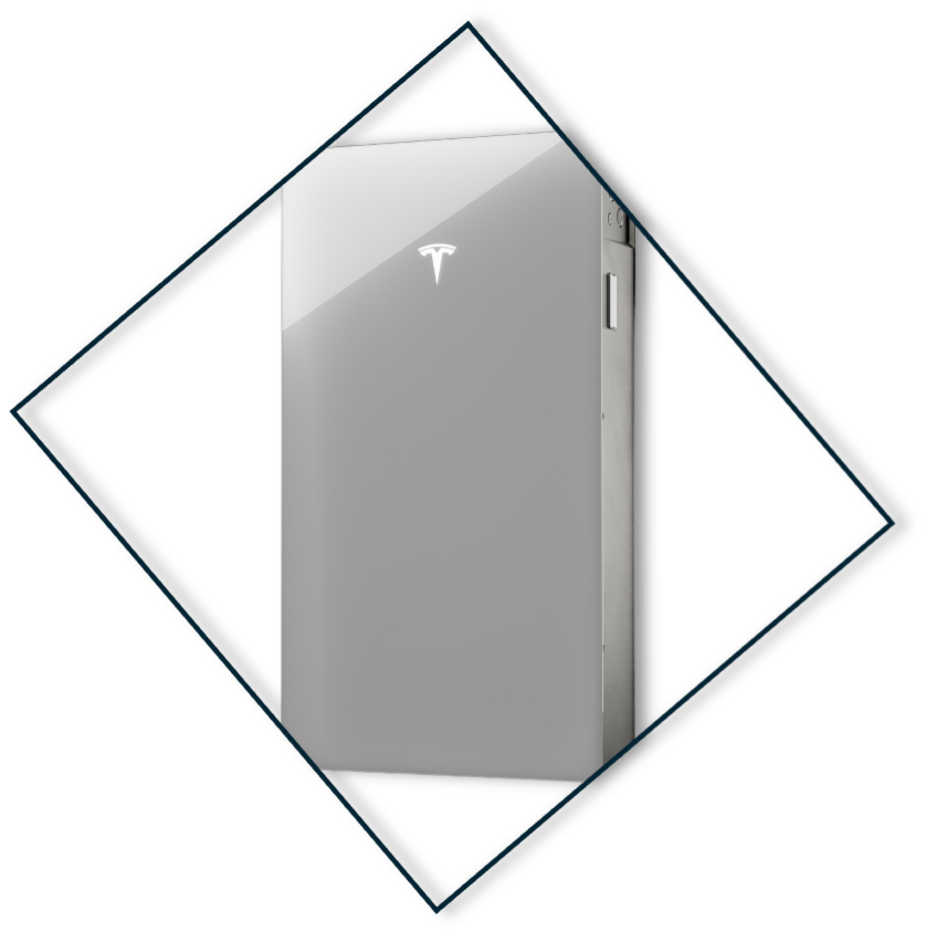 A Tesla Powerwall energy storage unit mounted on a wall, with the Tesla logo illuminated at the top.