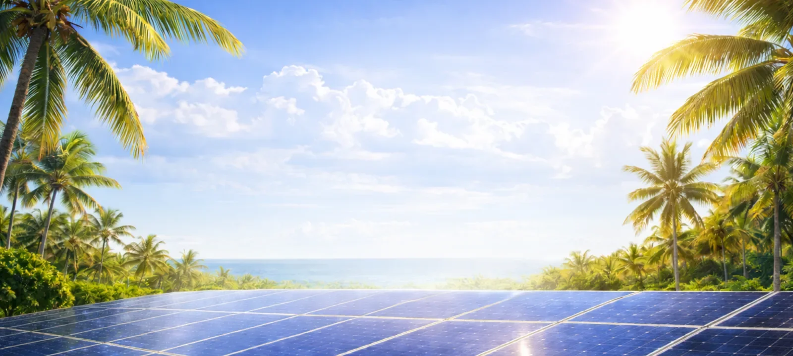 Solar panels in a tropical Florida landscape with palm trees, ocean view, and bright sunshine