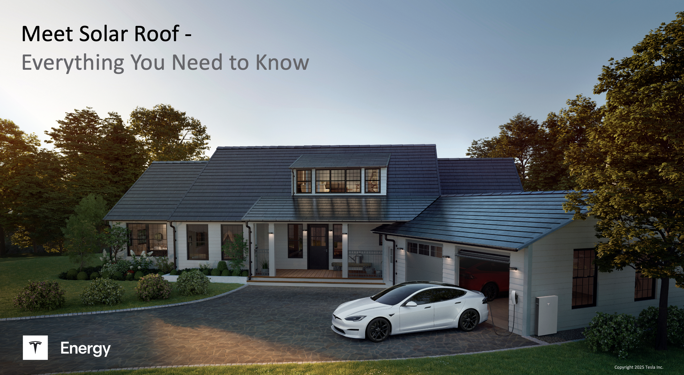 Home with Tesla Solar Roof, Tesla powerwall and Wall Charger, clean power free..png