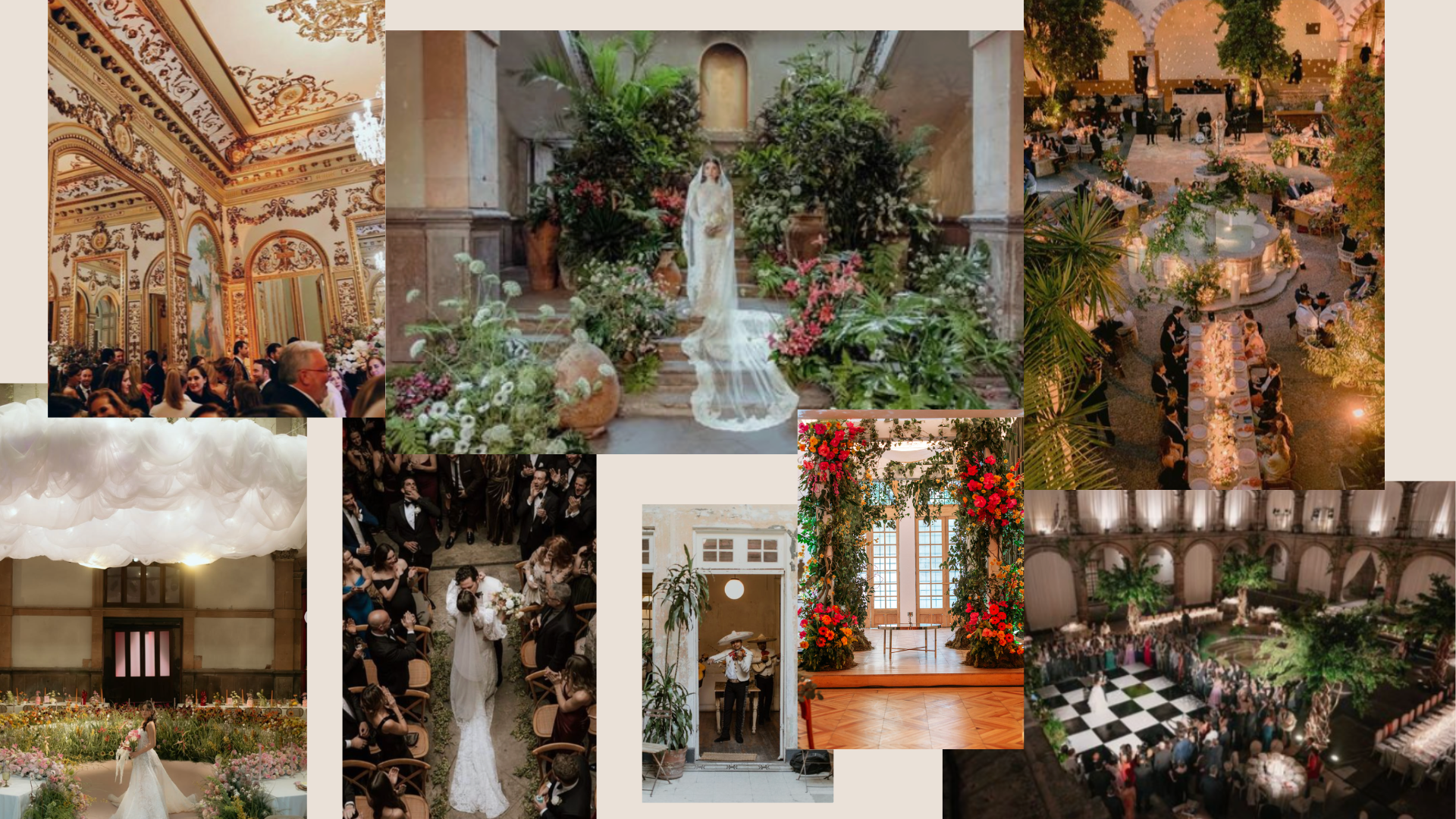 Collage of weddings and celebrations in various CDMX casas with luxury details, opulent floral and tablescapes