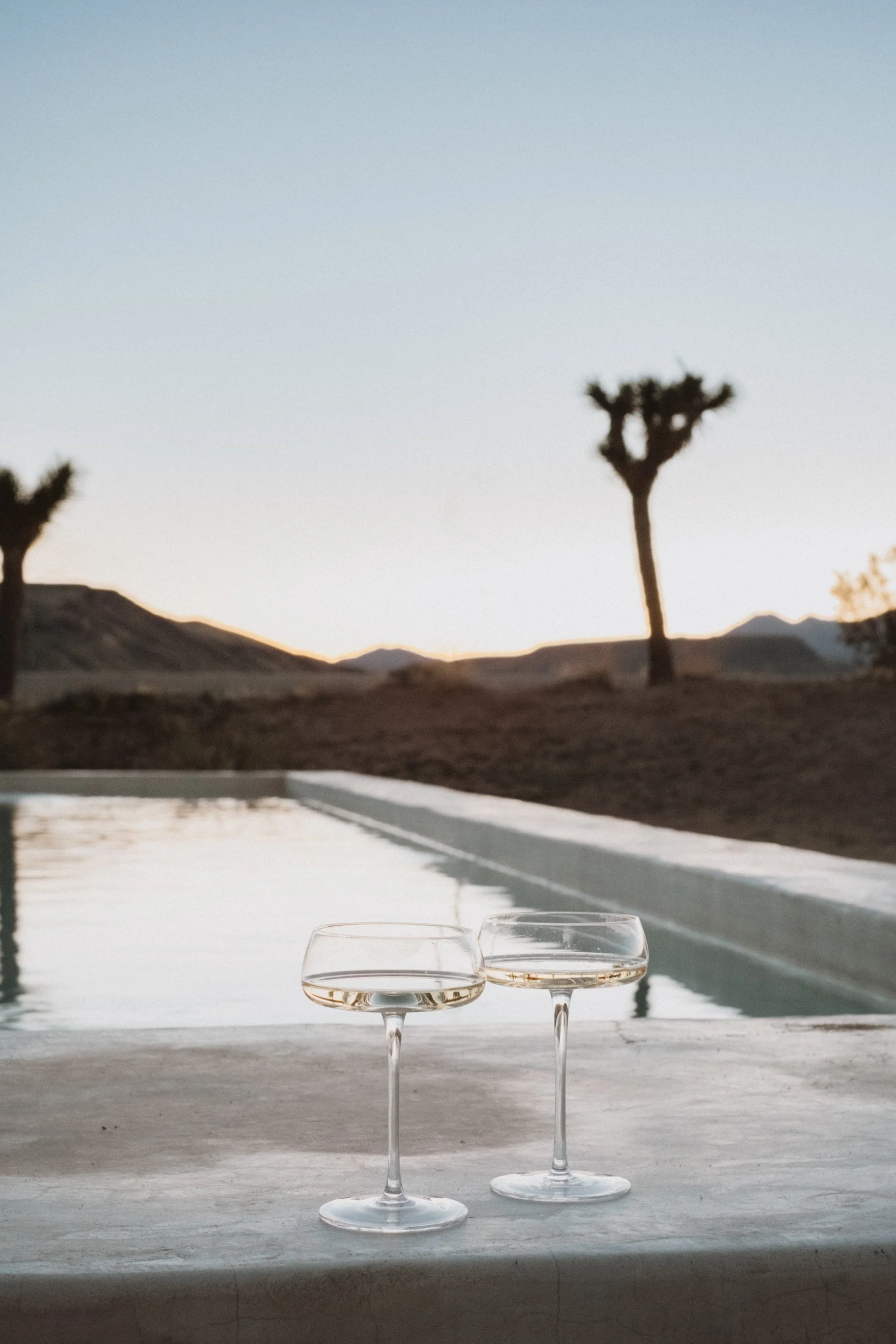 Two champagne glasses on a white surface near a pool with desert landscape, mountains, and Joshua trees in the background during sunset at Le Chacuel.