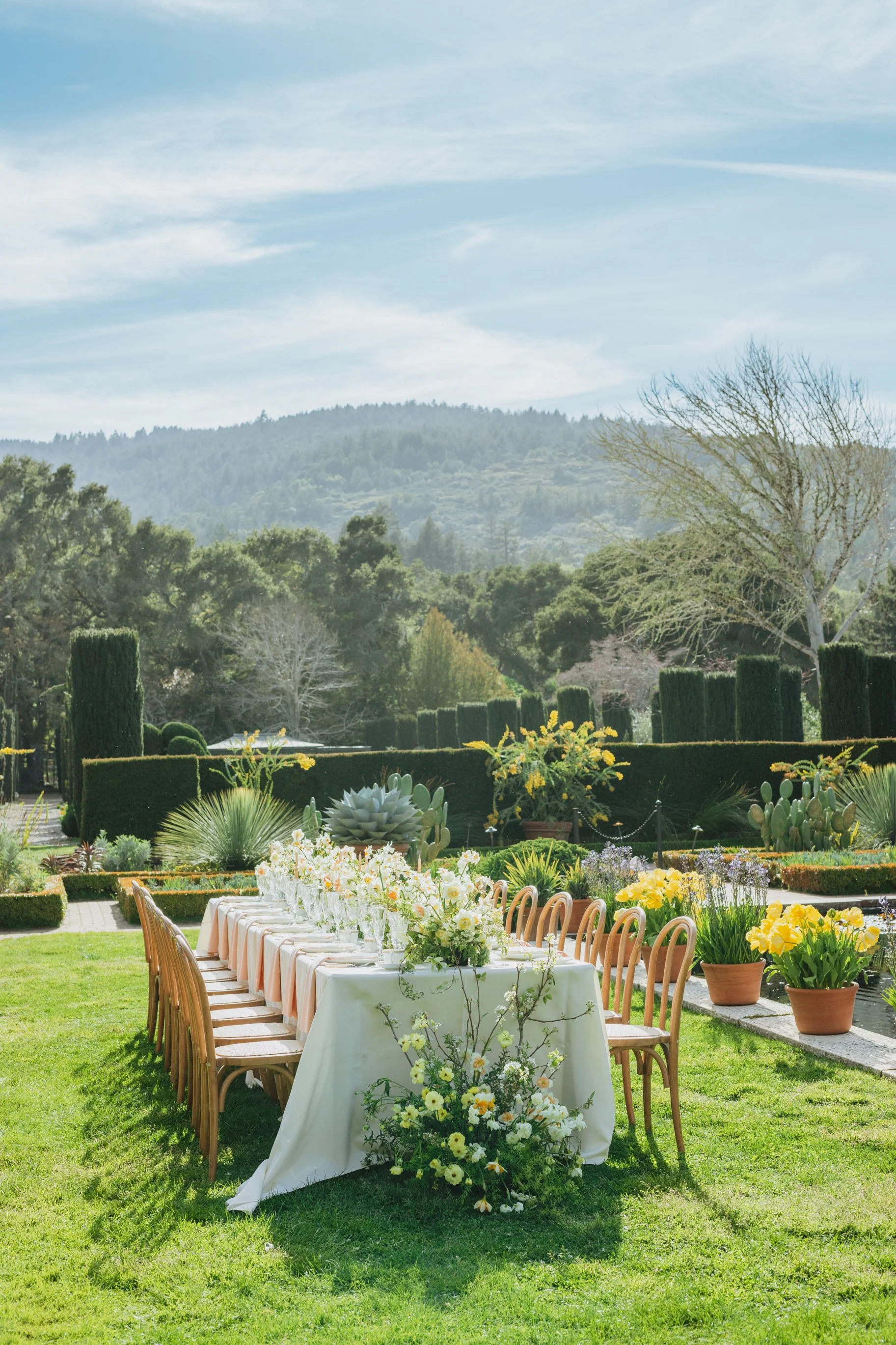 A long dining table with floral arrangements set in an outdoor garden, with lush greenery, trees, and mountains in the background.