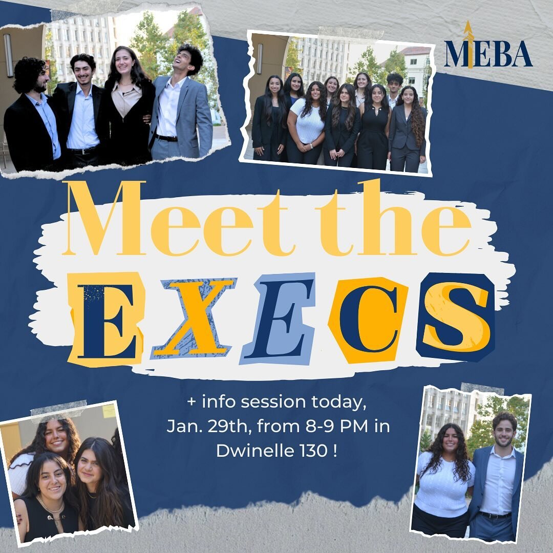 Meet the wonderful Execs of MEBA Spring &rsquo;24!🥳 Want to talk to us in person? Come to our info session TODAY from 8:00 PM to 9:00 PM in Dwinelle 130! 📣  #UCBerkeley #Cal #MiddleEastern #ucbMEBA #middleeasternbusinessassociation #haas