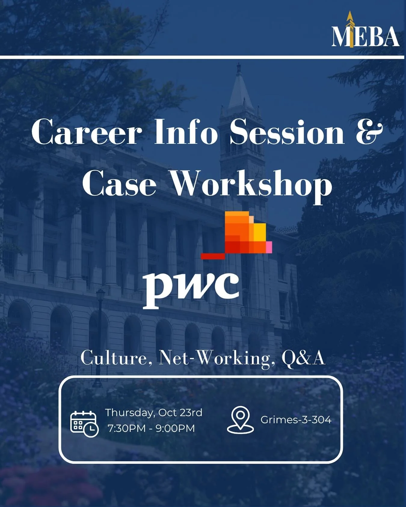 Curious about consulting and case prep? 
Come connect with PwC at this MEBA Event!
Learn about their culture, mission, and opportunities Open to the public! 🙌
📍 Grimes 3-304
🗓 Thursday, Oct 23rd | 7:30PM-9:00PM @sutardjacenter