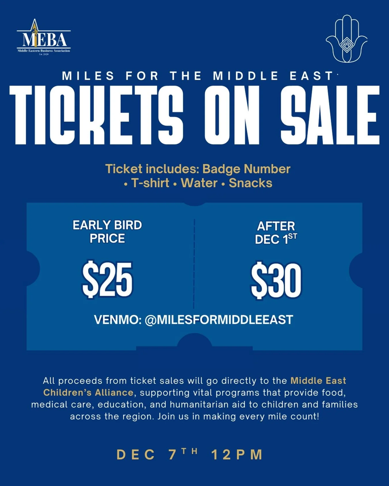 🎟 Tickets are on sale now for Miles For The Middle East!🏃&zwj;♀️
Join us for the 5K run on Dec 7 @ 12 PM &mdash; Venmo @MilesForMiddleEast and include your name in the description. All proceeds support the Middle East Children&rsquo;s Alliance 💙