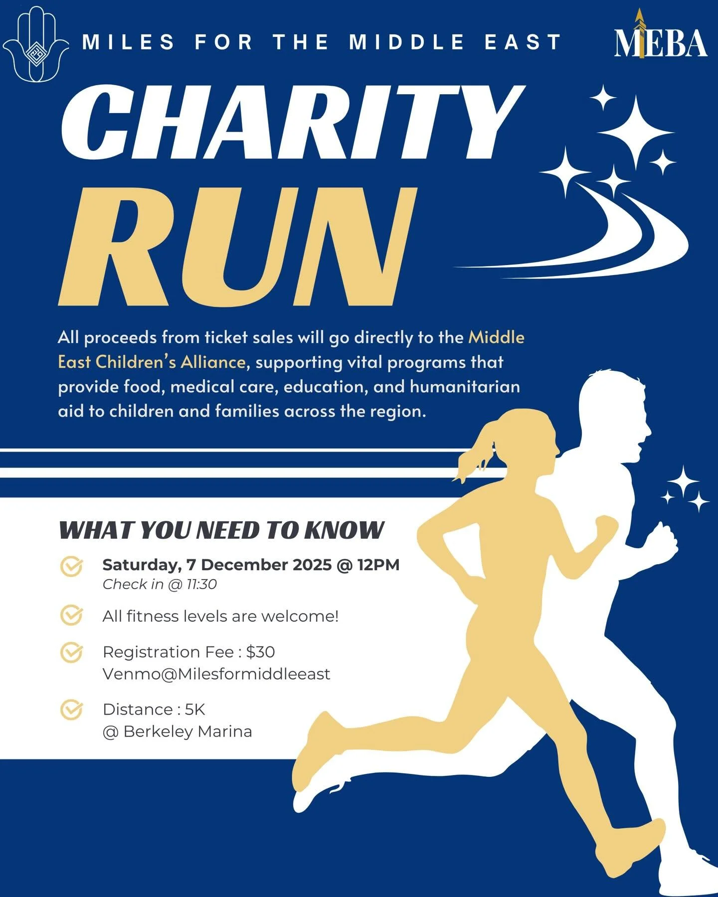 Six more days till our Miles for the Middle East Charity Run! 🏃&zwj;♂️🏃&zwj;♀️💨
Every ticket supports the Middle East Children&rsquo;s Alliance and their work providing food, education, and medical aid to children in need.

📅 Dec 7 @ 12PM (11:30 
