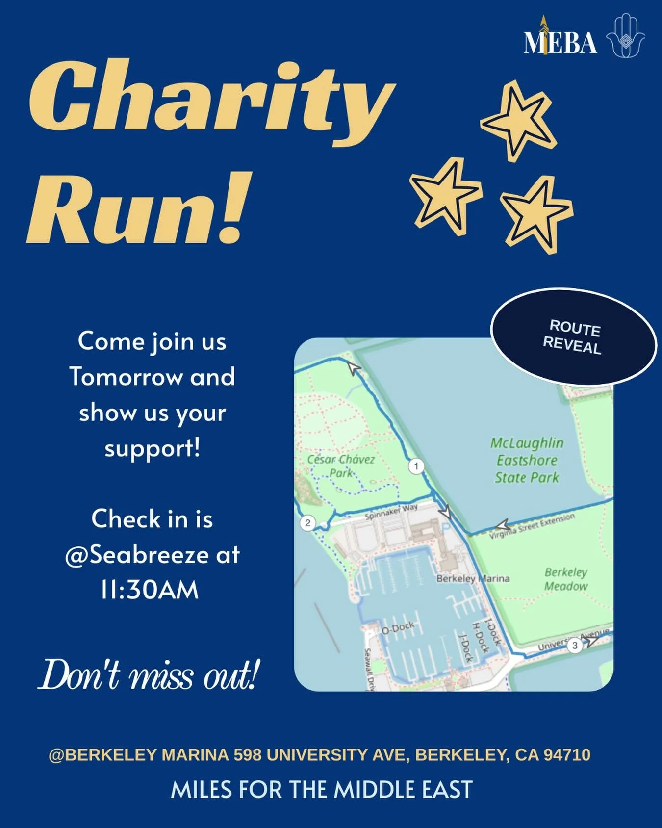 🌟 ROUTE REVEAL! 🌟
We&rsquo;re just one day away from Miles for the Middle East! 🏃&zwj;♀️🌍
Here&rsquo;s a sneak peek at our official 5K route at the Berkeley Marina starting near Seabreeze Caf&eacute; ☀️

✅ Check-in: 11:30 AM
✅ Run starts: 12 PM s