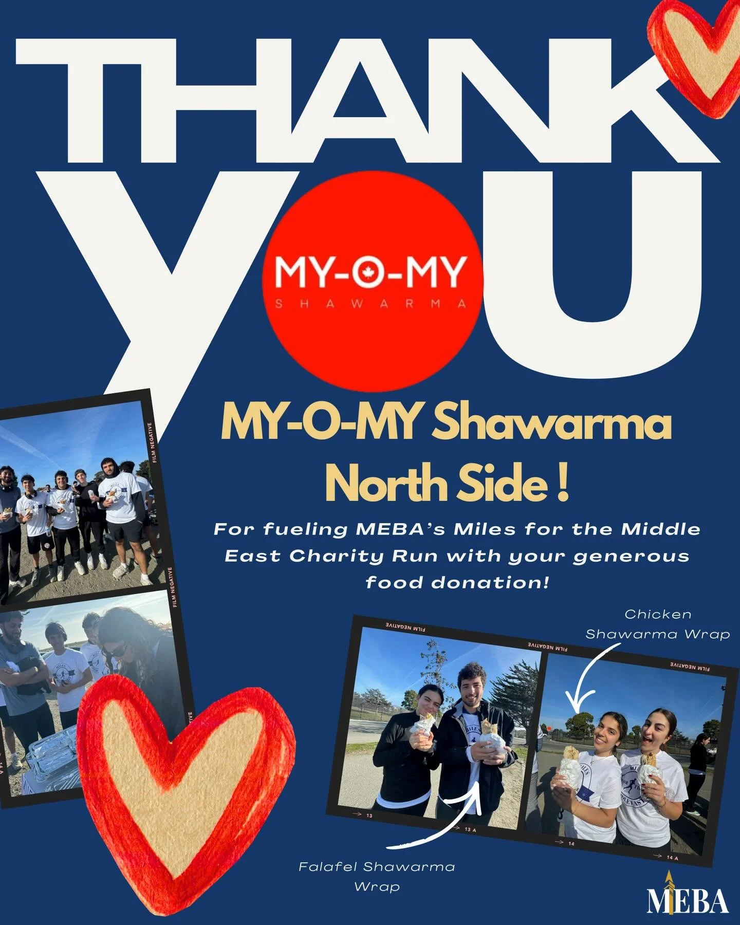 Thank you to My-O-MY Shawarma North Side for powering our Miles for the Middle East Charity Run with your generous food 🌯🏃&zwj;♀️

They showed us so much love, go check them out and support a local favorite!