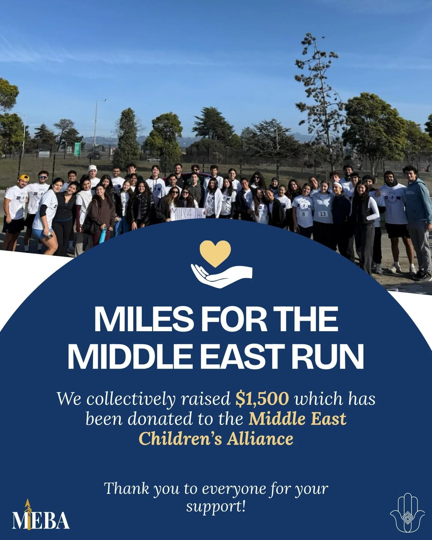 $1,500 raised for the Middle East Children&rsquo;s Alliance!

Thank you everyone who showed up, ran with us, and supported the cause! 💙🤍💛🏃&zwj;♀️🏃&zwj;♂️