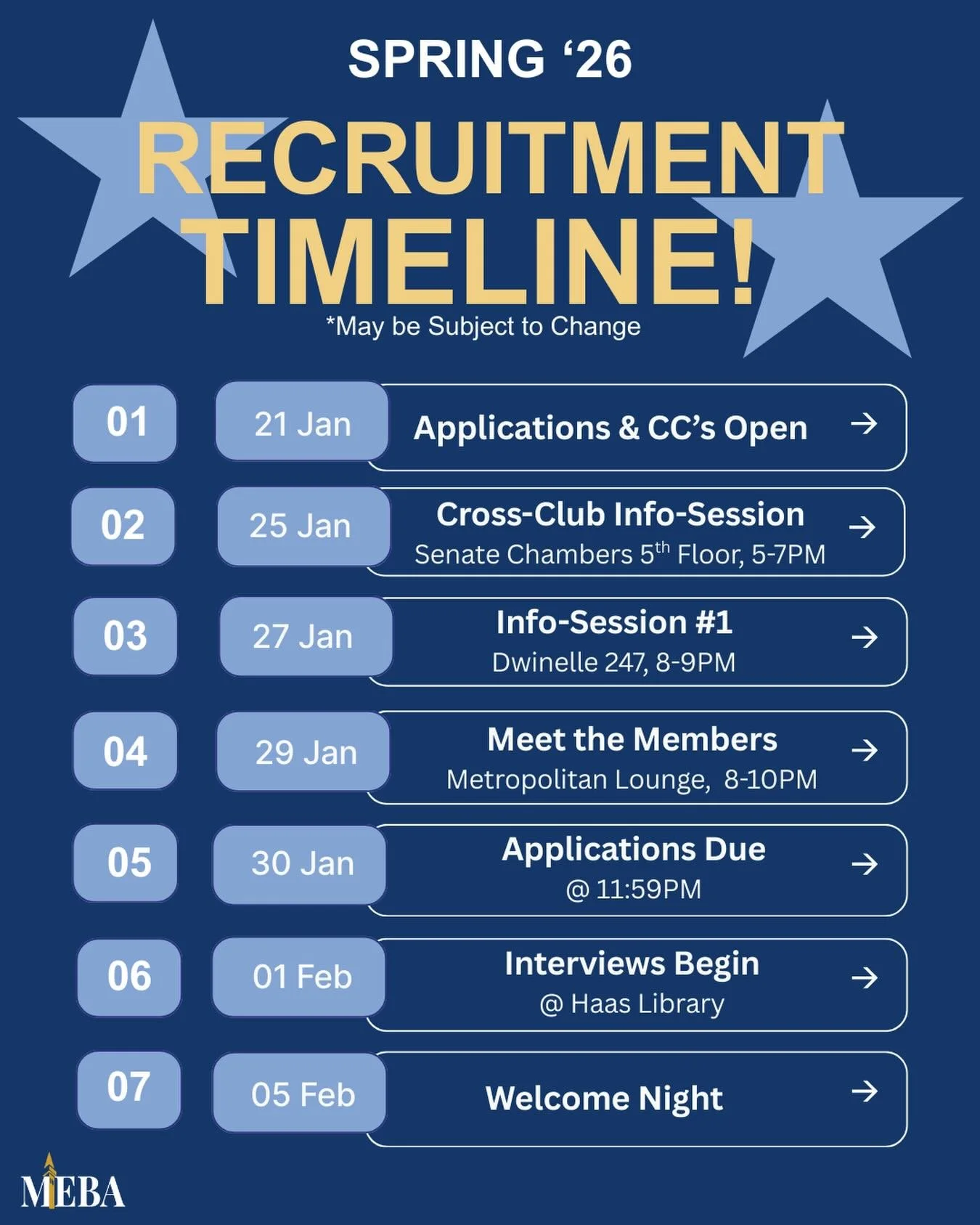 Spring &rsquo;26 recruitment is officially here ⭐️
Apps are open and we&rsquo;re excited to meet our next class!!

📅 Apply by Jan 30 at 11:59 PM
📍 Info sessions + events coming up

#MEBA #Spring26 #Recruitment #BerkeleyClubs #JoinUs