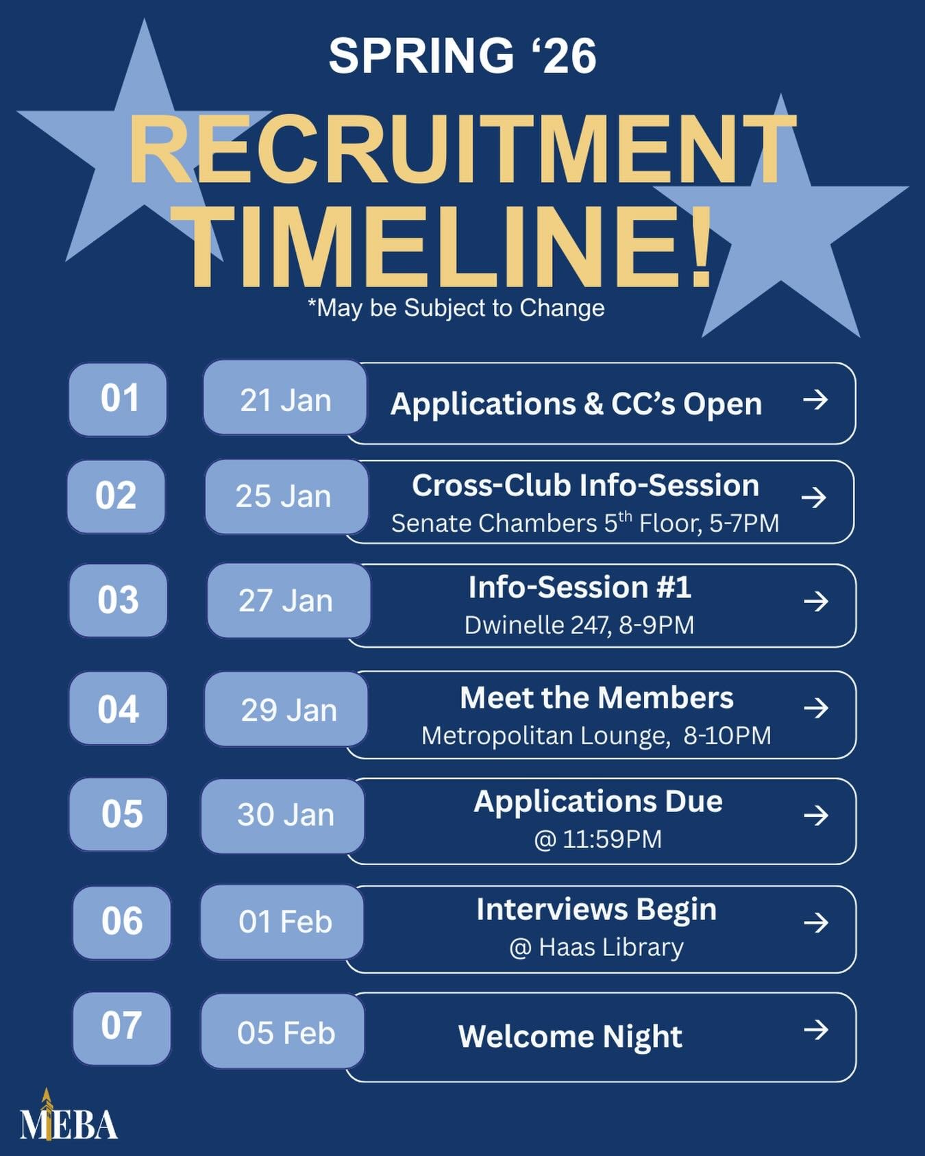 Spring &rsquo;26 recruitment is officially here ⭐️
Apps are open and we&rsquo;re excited to meet our next class!!

📅 Apply by Jan 30 at 11:59 PM
📍 Info sessions + events coming up

#MEBA #Spring26 #Recruitment #BerkeleyClubs #JoinUs