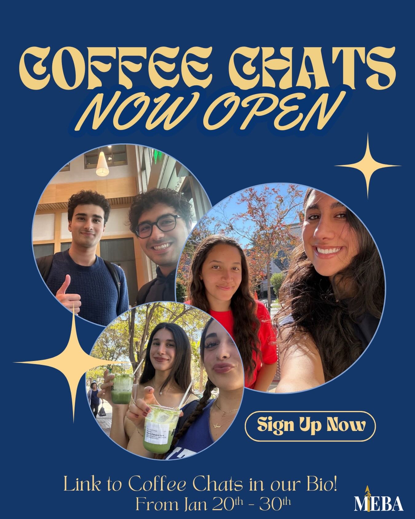 Coffee chats are officially open☕️✨ Come meet the board, learn more about MEBA, and let us get to know you! 

Sign up through the link in our bio‼️

#MEBA #Spring26 #Recruitment #BerkeleyClubs #joinus