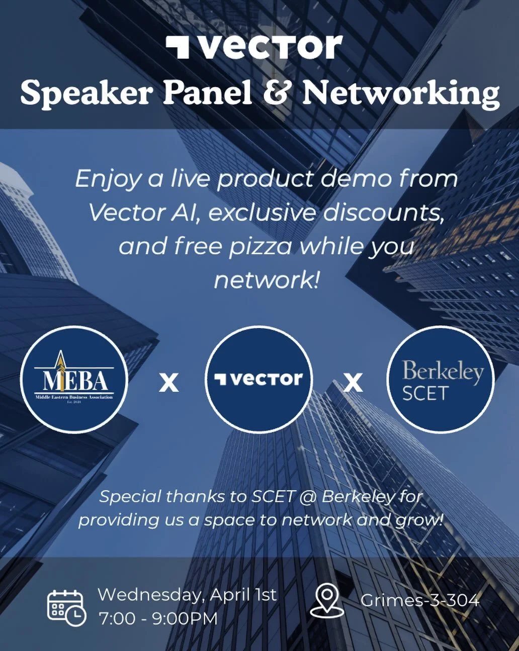 Network with founders, see Vector AI in action, and grab free pizza! 

Join MEBA and Berkeley SCET for Speaker Panel &amp; Networking on April 1st, 7&ndash;9 PM in Grimes 3-304.

#ucberkeley #meba #club #networking #speaker