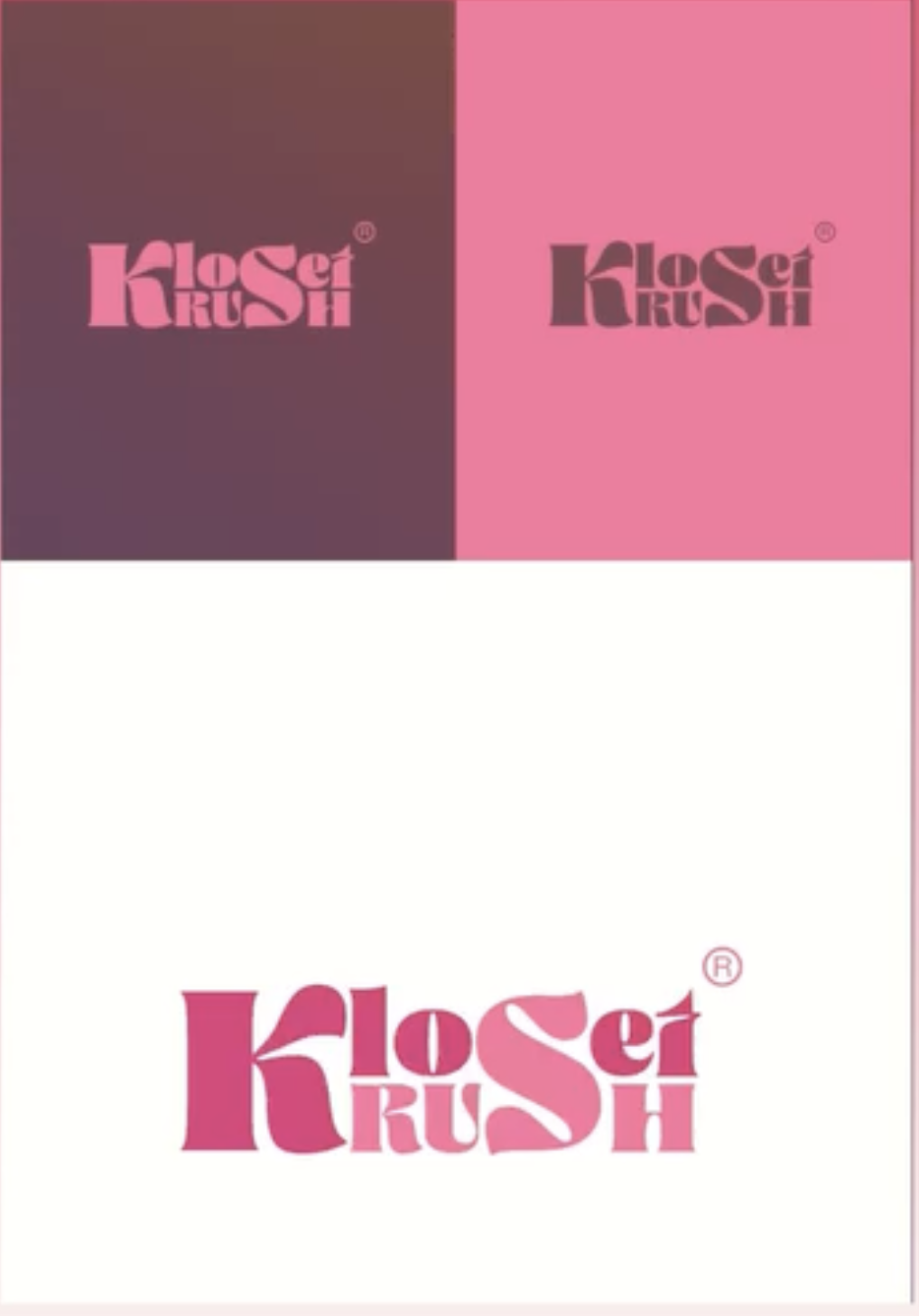 A design with two sections: the top left has a purple background with the pink logo 'Kloset KRU$H,' and the top right has a pink background with the same logo in dark purple. The lower part of the design is mostly white with a large pink logo 'Kloset