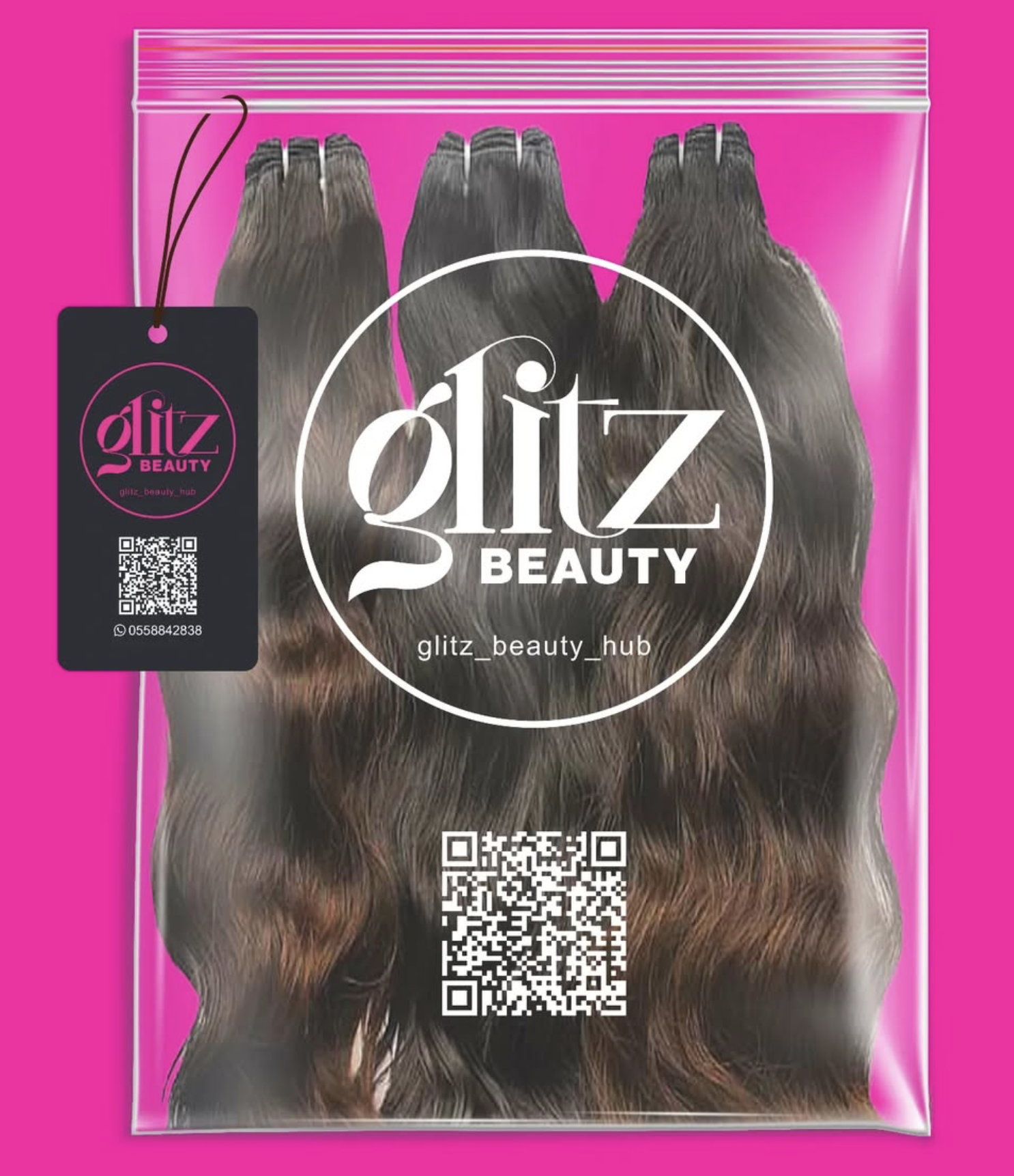 Package of curly brown hair extensions with black, white, and pink branding from Glitz Beauty, including a QR code and social media handle.