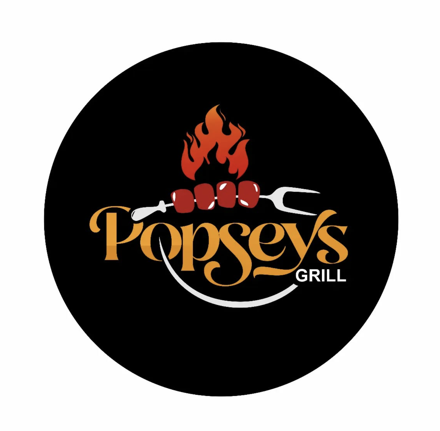 Logo for Popsey's Grill featuring a flaming skewer of meat and a grill fork, with the store name in stylized orange and white lettering on a black background.