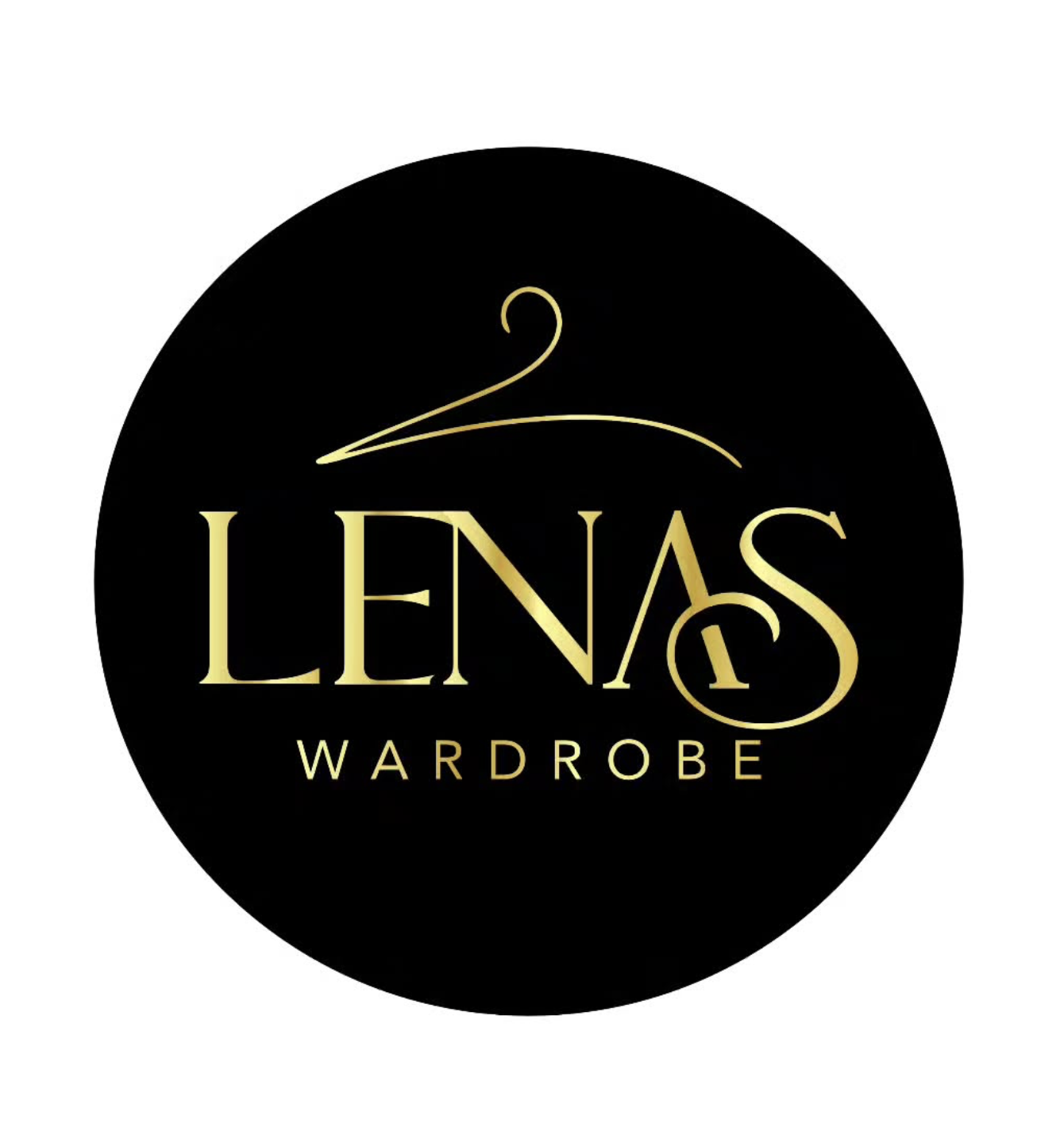 Logo for Lena's Wardrobe featuring a black circle with gold text and a clothes hanger graphic, indicating a clothing or fashion brand.