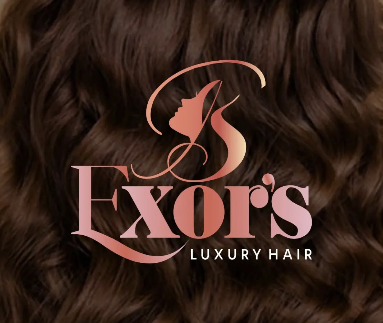 Logo with a silhouette of a woman's face and hair, with swirling lines, on a background of curly brown hair. Text reads 'Exot's Luxury Hair' in pink and white.