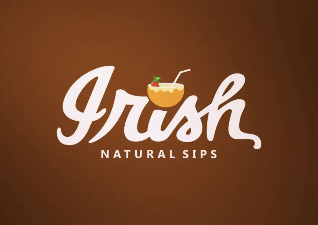 Logo for 'Irish Natural Sips' featuring a stylized drink with a straw, lemon wedge, cherry, and mint leaf on a brown background.