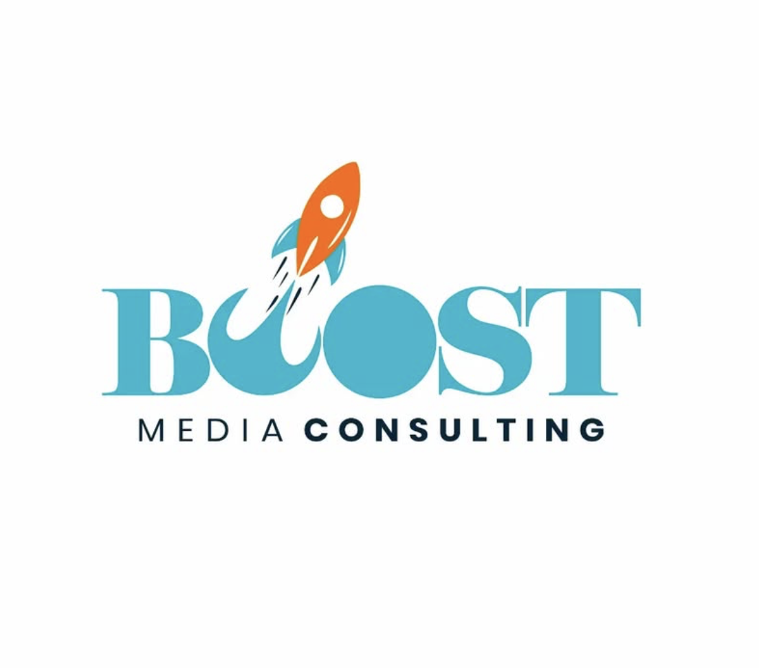 Logo for Boost Media Consulting featuring a rocket launching from the letter 'U' in the word