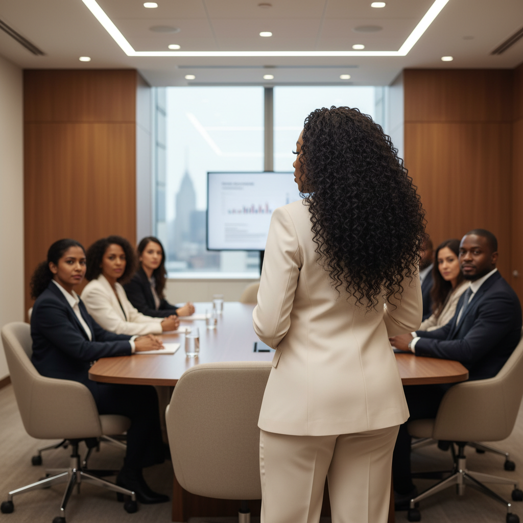 A woman in a white suit presenting to a diverse group of professionals seated at a conference table in a modern office.