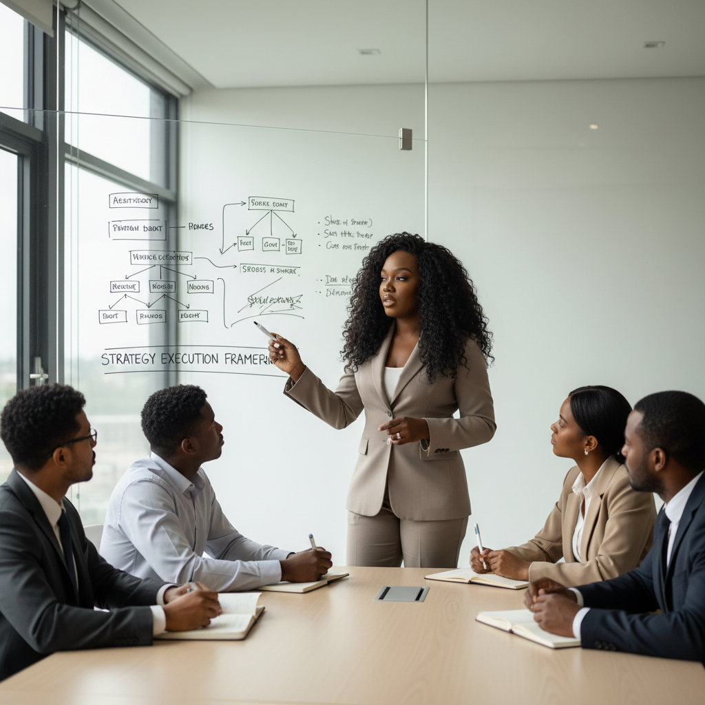 A woman in a beige suit giving a presentation to a diverse group of five colleagues in a business meeting room. She is pointing at a whiteboard with notes and diagrams about strategy execution.