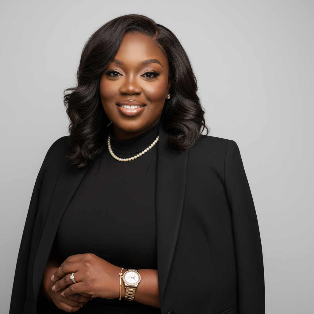 A confident African American woman dressed in a professional black blazer and top, wearing a pearl necklace, wristwatch, and jewelry, standing against a plain gray background.