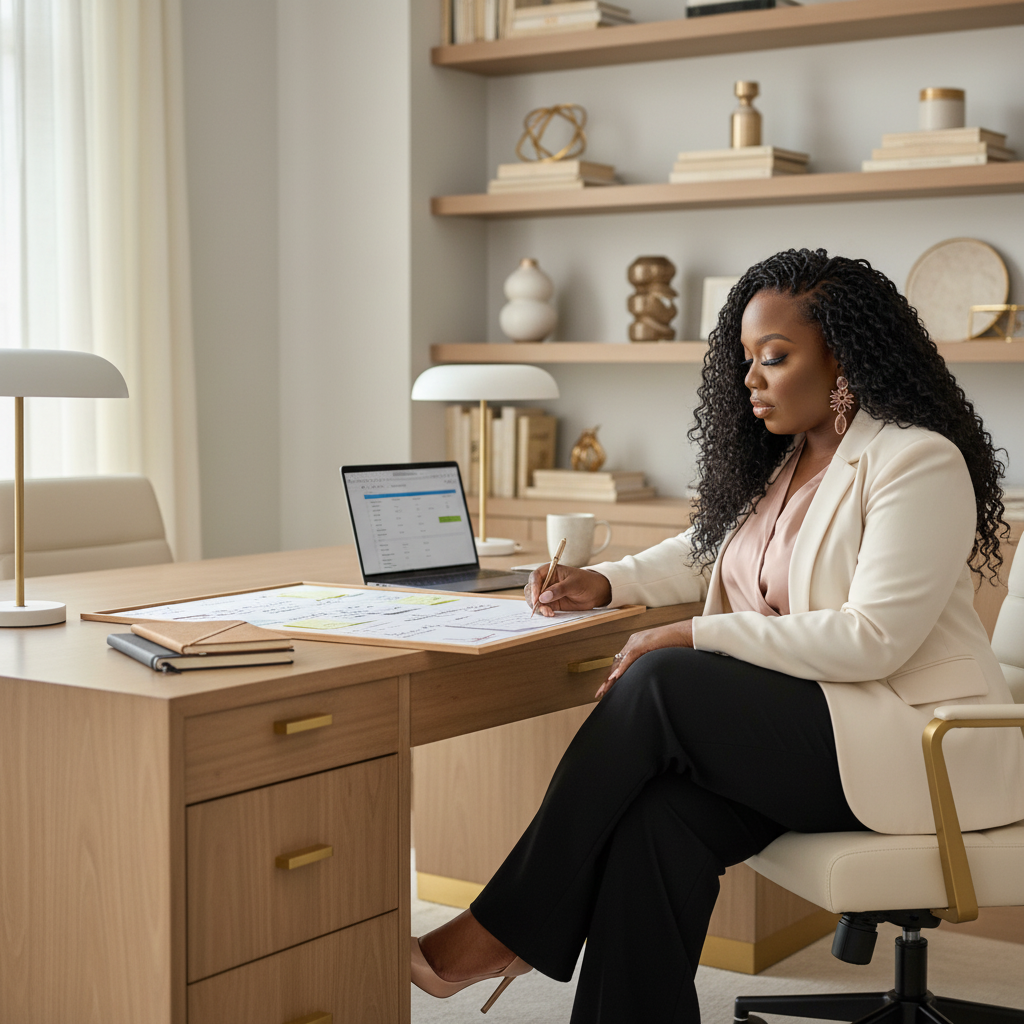 A woman with dark, curly hair, wearing a white blazer and black pants, sitting at a wooden desk in a modern, well-decorated office, working on documents and using a pen.