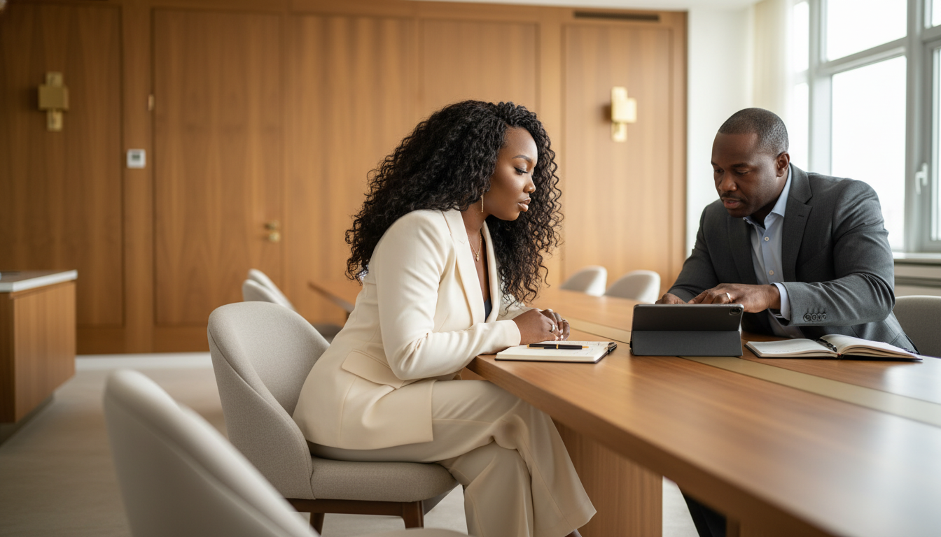 A man and woman sitting at a conference table in a meeting room, engaged in a discussion with tablets and notebooks.
