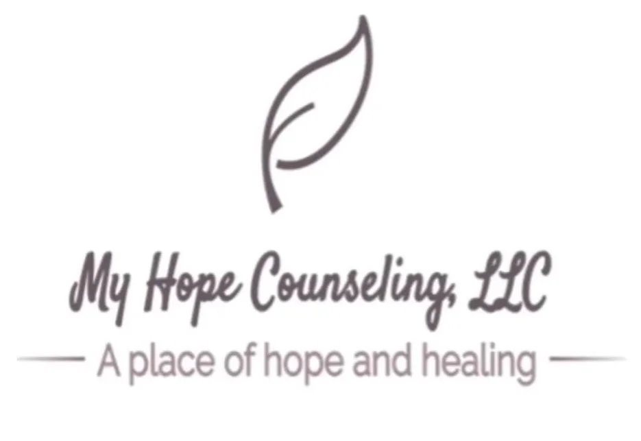 Logo for My Hope Counseling LLC with a stylized leaf and the tagline 'A place of hope and healing.'