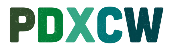 Text displaying 'PDX CW' with a gradient of green, gray, and teal on a black background.